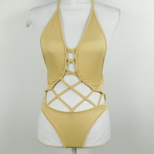 NEW Sexy Tan Nude VNeck Criss Cross Bodysuit Small